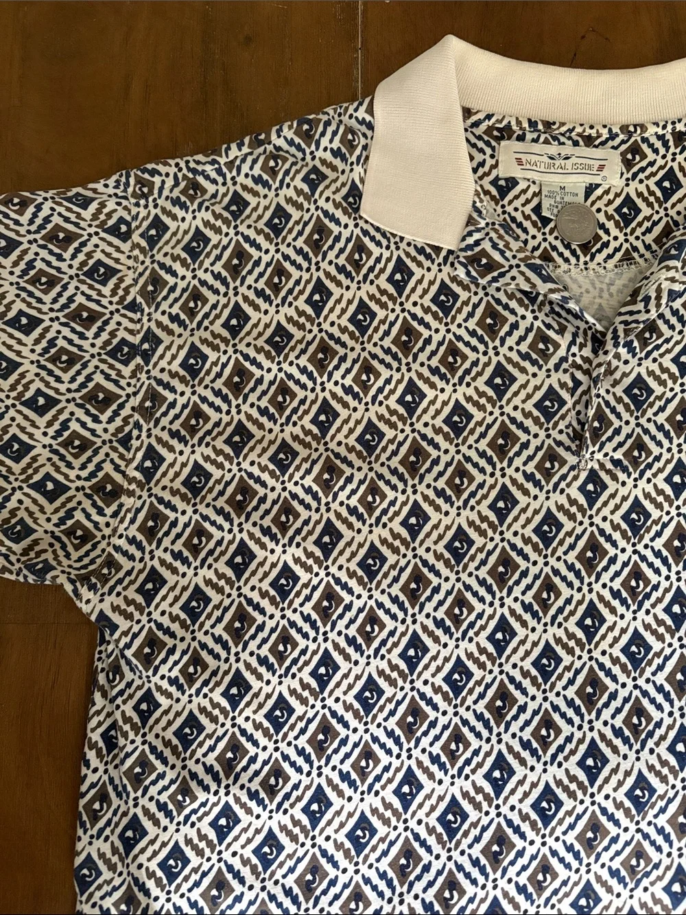 Men's Patterned Polo Shirt in Navy and Cream